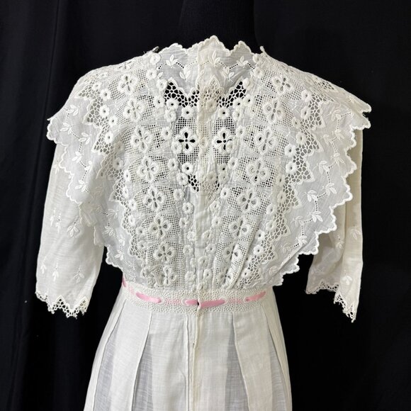 Edwardian White Cotton Voile or Lawn Summer Tea Dress Eyelet Lace Antique 1900s - Picture 7 of 14